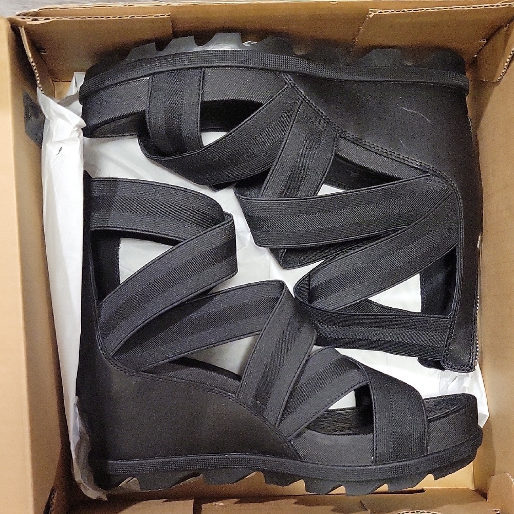 Sorel New Black Strappy Wedge Sandals